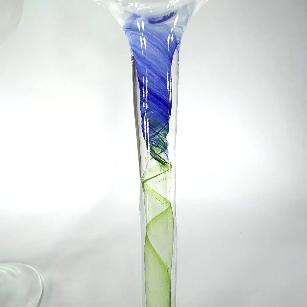 Set 2 Chris Baker Salmon Art Glass Wine Glass Pink Blue Swirl Signed 8.5